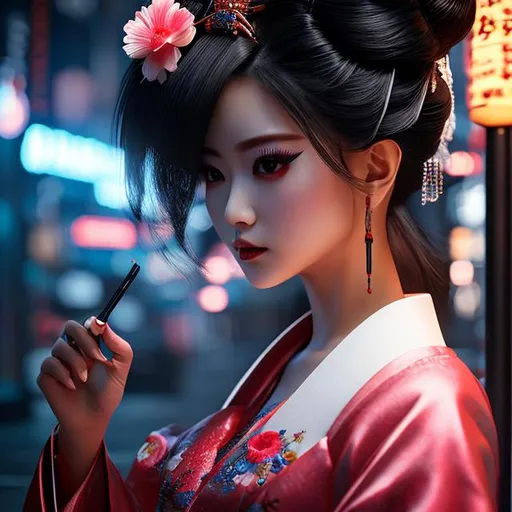 Prompt: super fine detail, hyper-realistic, 8k Ultra-realistic, ultra high definition, Ultra realistic, natural lighting, cinematic lighting, cinematic shadows, high quality, fine-tuned, realistic, ultra-high resolution, composition, upscale image, cyberpunk geisha.