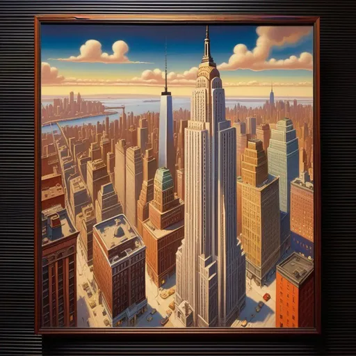 Prompt: Aerial view of Downtown Manhattan, 1950s, cartoony style, extremely detailed painting by Greg Rutkowski and by Henry Justice Ford and by Steve Henderson