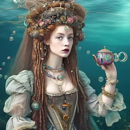 Prompt: woman in 16th century dress underwater tea party.  hair, elaborate hair, fabric, lace, bubbles. jewels, queen.  colorful.