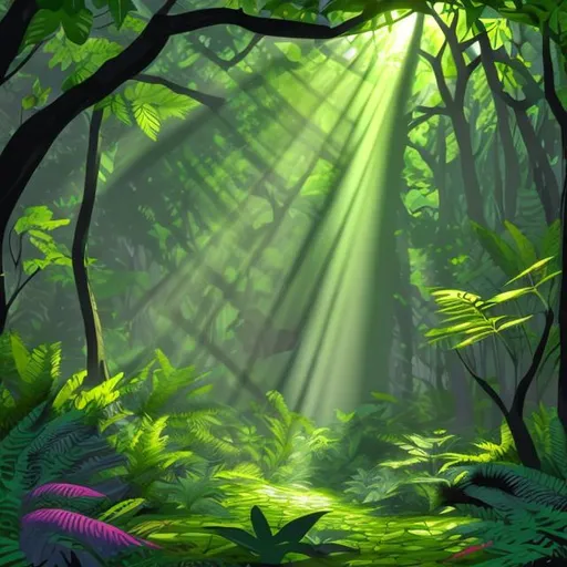 Prompt: a dark and green beautiful forest with sunrays shining through the leaves. cartoony digital art