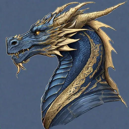Prompt: Concept design of a dragon. Dragon head portrait. Side view. Coloring in the dragon is predominantly navy blue with light gold streaks and details present.