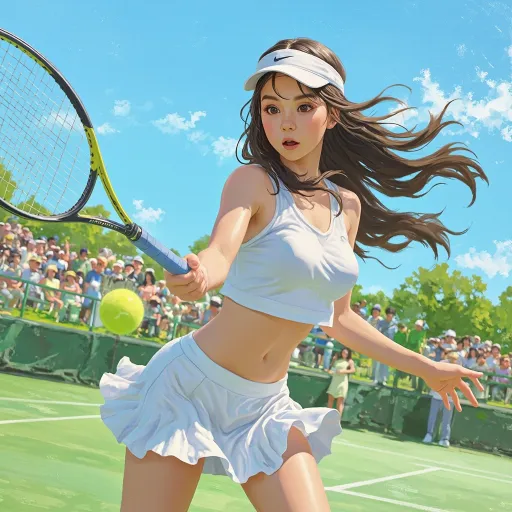 Prompt: A stunning young female tennis player mid-swing on a sunny court, wearing a light pastel-colored athletic outfit with a crop top and ruffled skirt. Her long dark hair flows dramatically in the wind, eyes wide with focus and surprise. The background features a vibrant outdoor stadium crowd under a blue sky with expressive brushstrokes. The scene has dynamic motion with accurate tennis form blending facial focus on the ball and a smooth swing.  painterly texture, blending semi-realistic anatomy with digital impressionist lighting. Style inspired by Loish and Artgerm, rich in detail, expressive eyes, and fluid hair movement.