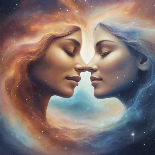 Prompt: two galaxies in the shape of women almost touching faces together, serene, transparent faces, space, joy, love, kindness