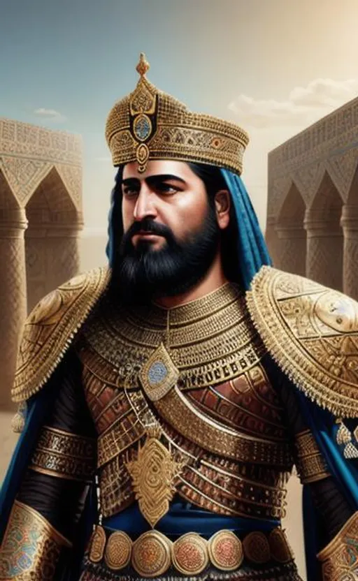 Prompt: Full portrait of Achaemenid king Cyrus the Great, Persian castle, intricate, rugged, highly detailed, artstation, concept art, sharp, sharp focus, extremely, detailed environment, detailed background, intricate, detailed skin, natural colors , professionally color graded, photorealism, 8k, moody lighting