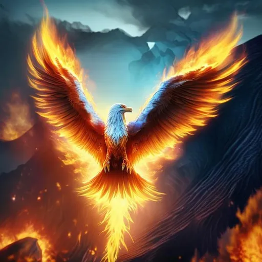 Prompt: white phoenix flying above a volcano, rising from the ashes. The ashes are scattered in the air below the phoenix. Digital realistic art, brid like features