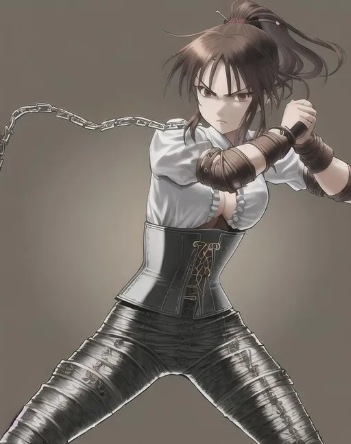 Prompt: Kusarigama, chain whip, corset, action pose, brown hair, ponytail