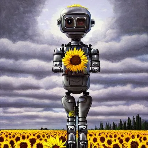 Prompt: a dystopian painting, a human cyborg robot holding a sunflower, city scend, scott listfield, futuristic, oil painting