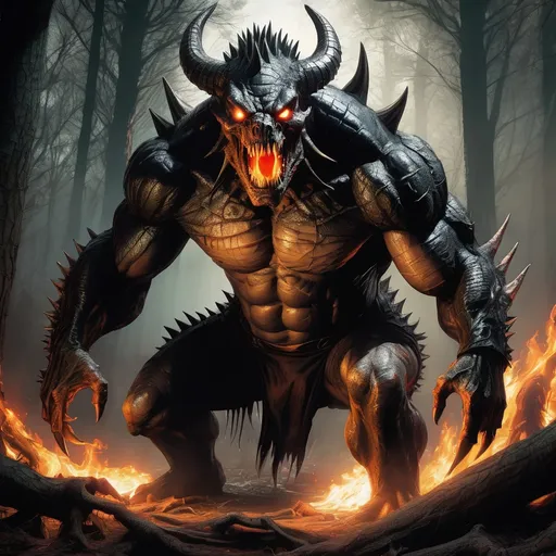 Prompt: Muscular monster with bony carapace, spiked spine, and crocodile tail, marvel character abomination, sharp teeth, two long horns, glowing eyes, spiked elbows, in the woods with fire, highres, ultra-detailed, horror, dark tones, menacing lighting