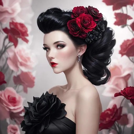 Prompt: Beautiful woman portrait wearing a black evening gown,  black hair, dark eyes, ruby jewelry,elaborate updo hairstyle adorned with flowers, facial closeup