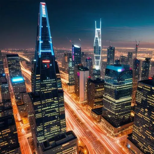 Prompt: Create an image of a futuristic city skyline at night, with a focus on advanced transportation systems and towering skyscrapers. Incorporate elements such as drones, flying cars, and high-speed trains.
