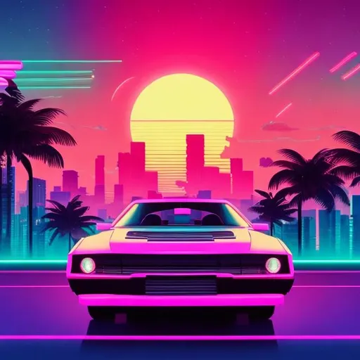 Prompt: retro car scene, miami, retrowave, neon, synthwave, vaporwave, highly detailed
