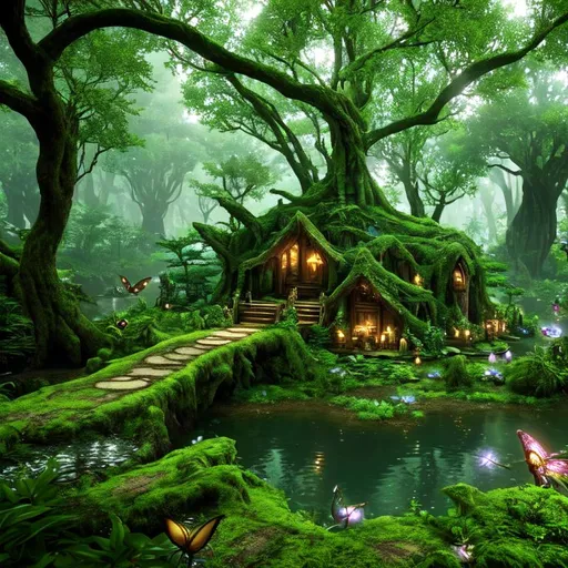 Prompt: A magical forest, hidden away from civilization. extremely detailed. cinematic. magical. wonder. overgrowth. lakes. fairies. pixies. peaceful. Extremely realistic. 4K. 