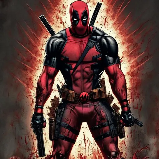 Prompt: Deadpool variant. muscular. dark gritty. Bloody. Hurt. Damaged. Accurate. realistic. evil eyes. Slow exposure. Detailed. Dirty. Dark and gritty. Post-apocalyptic. Shadows. Sinister. Intense. 