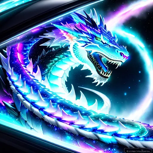 Prompt: Watercolor portrait of a roaring neon ice dragon with iridescent black markings roaring with and galaxy in background, perfect composition, hyper realistic, super detailed, 8k, high quality, trending art, trending on art station, sharp focus, studio photo, intricate details, highly detailed, by greg rutkowski, illustration, watercolor