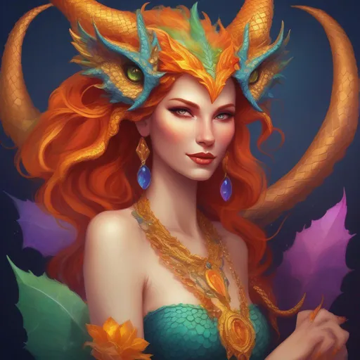 Prompt: A colourful and beautiful Persephone, she is a dragon woman, with scales for skin, horns and gold and gems for hair with a dragon tail, in a painted style.
