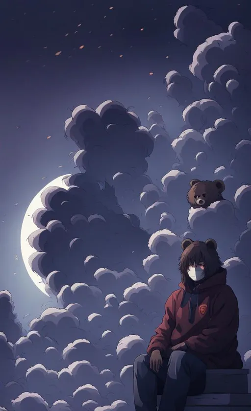 Image AI: Open Art: insane, anime character with brown, fluffy, wavy hair wearing a cute and cuddly bear style cozy hoodie with bear ears on top whilst sitting on an abandoned hotel roof top gazing into the roof pool beneath him, zombies are in the background as the world is ending, smiling, foggy background, zoomed out, aesthetic mask, scars, HD, 4K, vibrant colors that clash with dull background 