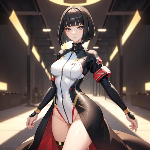 Prompt: a lonely AI girl, very tall, thick thighs, wide hips, long legs, slender waist, big beautiful symmetrical eyes, aloof expression, bob haircut with bangs, (practicing martial-arts, kicking), 12K resolution, hyper quality, hyper-detailed, depth of field