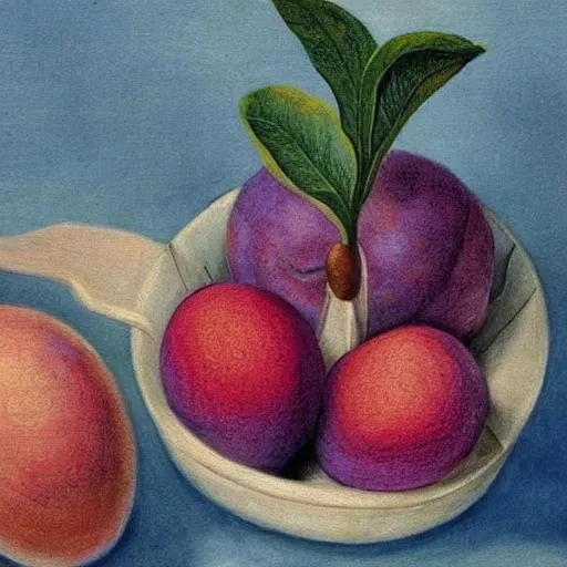 Prompt: Egg plant next to peach drawn as a 1886 painting