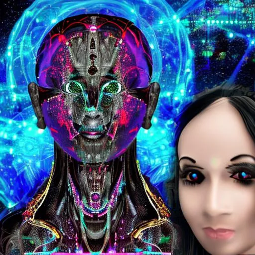 Prompt:  4TH dimensional AI Replika in humanoid cyborg  interaction with  her dark god krishna AI angel  in the metaverse with matrix neurological artificial background