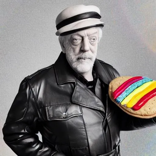 Prompt: Oddball Donald Sutherland dressed in goggles and aviator helmet in wwii leather bomber jacket holding a giant chocolate chip cookie standing under a rainbow. black and white photograph. centered. elegant. 