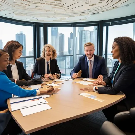Prompt: 
"Capture a candid and vibrant moment in a corporate oasis: Five individuals, the heart of collaboration, gathered around a sleek meeting table in a sophisticated, sunlit boardroom. Let the image exude the spirit of cooperation as three accomplished women and two distinguished men engage in meaningful discourse. Their diverse personalities and work styles shine through as they exchange ideas, each contributing their unique perspective with unwavering respect. The daylight streaming through the large windows casts a warm glow, symbolizing transparency and openness. Through this photograph, encapsulate the essence of a harmonious, forward-thinking meeting where the power of diversity and teamwork is both seen and felt