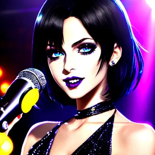 Prompt: Full portrait, semi-realistic goth anime girl singing into a microphone, skin highlights, black short hair, vampire teeth,singing in night club, movie scene, teen singer, glamour, looking at viewer,
wonderful face, very detailed face, extremely detailed face, highly detailed face, soft smile, happy,
perfect face, perfect eyes, perfect teeth, perfect body, perfect anatomy, beautiful body, trending on instagram, trending on tiktok, trending on artstation, trending on cgsociety, white sclera,
photorealistic, masterpiece, cinematic, 16k artistic photography, epic, drama, 
romance, glamour, beauty, 
cinematic lighting, dramatic lighting, insanely detailed, soft natural volumetric cinematic lighting, award-winning photography, rendering, hd, high definition, 
highly detailed