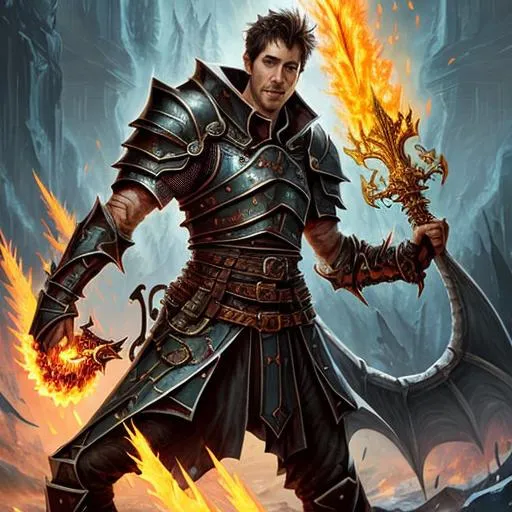 Prompt: a man that is standing in front of a dragon, flaming sword, inspired by Michael Komarck, arsen lupin as a paladin, molten, standing over a fallen foe, sparks of fire flying, alfric overguard, golgari findbroker, detailed image
