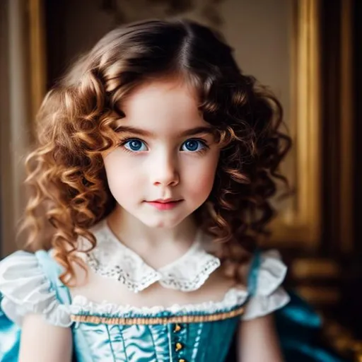 Prompt: Dark brown long hair with pale skin,blue eyes holding and little girl, red curly hair,18th century aesthetic