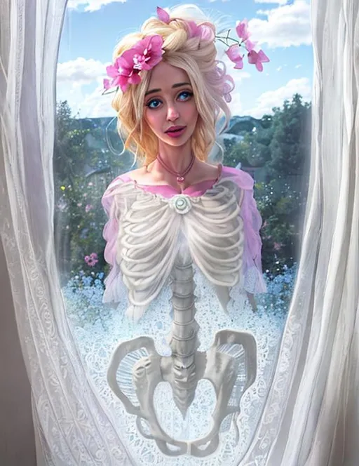 A blonde beautiful Emily Blunt ghost with saphire eyes whose body is a charred skeleton with no ar