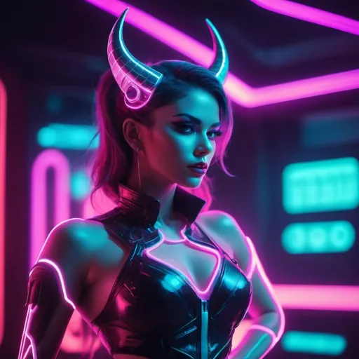 Prompt: a beautiful female demon in a dynamic pose in a retro futuristic synthwave cyberpunk neon paradise.  neon lighting, synthwave, cyber, retro, futuristic