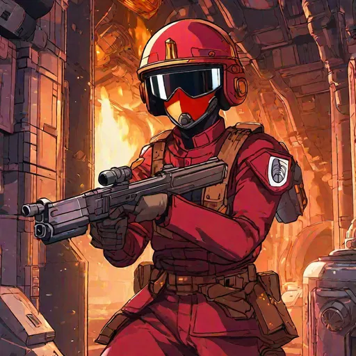 Prompt: A soldier in Red Wine high uniform. He wears a golden helmet with a black visor.
He wields a pistol. In background a scifi alley. He is firing. Rpg art. 2d art. 2d. Detailed. Well draw face. 