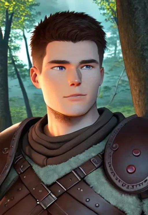 Prompt: Digital art, a 21-year-old viking man, subtle smile, round head, round face, short dark brown hair, brown hair, muscular, viking forest, green gear, green armor, light green eyes, Tidal Class seal on chest armor, unreal engine 8k octane, 3d lighting.