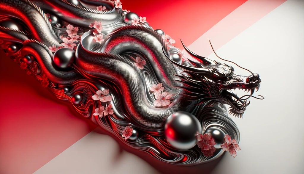 Prompt: Wide render of a liquid metal dragon, its scales adorned with cherry blossom patterns, standing out against a red and white gradient background. The scene should evoke the precision of top-tier graphics engines, with a strong focus on the dragon's details.