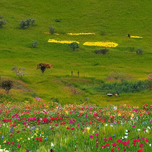 Prompt: rolling hills of flowers. birds flying in the sky