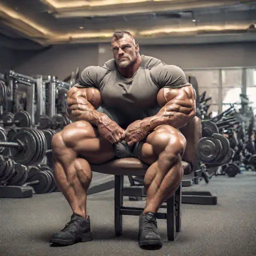 Prompt: Giant bodybuilder, big beefy muscles, rugged and handsome, muscle morph, muscle growth, high resolution, realistic, flexing giant muscles, sitting down, giant expansive chest, big thick beefy legs, bulging arms, tight bulging abs
