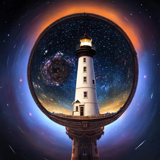 Prompt: An epic fantastic realism comic book style painting of the most beautiful spinning LIGHT HOUSE , launched across the dark and starry night sky,  fisheye, unreal 5, DAZ, hyperrealistic, octane render, dynamic lighting,FUNNY