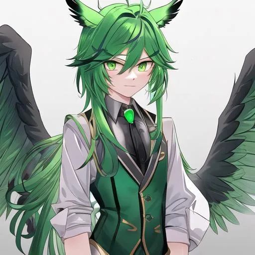 Prompt: Male. Small and masculine build. human animatronic hybrid, with focused emerald eyes. They identify as a Male. Emerald colored feathery pegasus wings and tail. Short Green ombre hair. horse ears adult