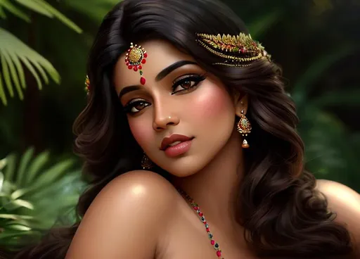 Prompt: a realistic lying down feminine elegant ((nude)) ethereal indian princess mix of (KERALA AUNTY) and 50 cent with intricately decorated kebaya, ((breasts)) ((nipples)) ((perfect pussy)) ((vagina)) brunette balayage wild hair, royal vibe, highly detailed, digital painting, Trending on artstation , HD quality, by artgerm and greg rutkowski and alphonse mucha, dramatic light, octane