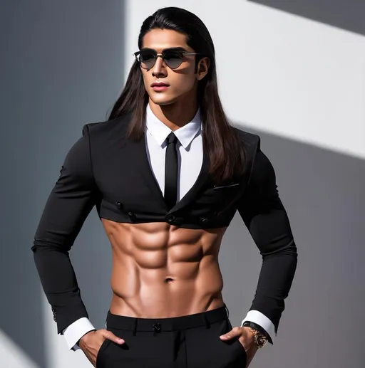 Prompt: an attractive extremely long-haired 20-years old man with a six pack abs and eyeglasses wearing crop top black suit and tie with black suit pants and a bare navel, he has both hands on his hips, determined, and flexing his midriff abs, shining sunlight  outside, with head looking from the side, sideview perspective