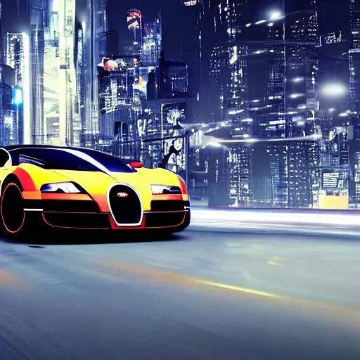 Bugatti Veyron in a futuristic cyberpunk city in the... | OpenArt