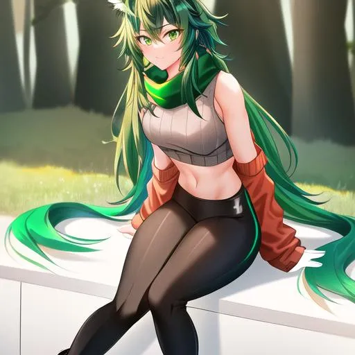 Prompt: Male. masculine build. human animatronic hybrid, with focused emerald eyes. Emerald colored feathery PEGASUS tail. Short dark Green ombre hair. horse ears. adult He wears grey comfy leggings, a white oversized sweater, brown boots. And a green scarf. Anime style. UHD, HD, 4K. In the forest.