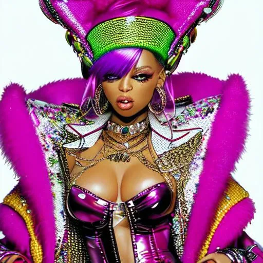 Prompt: In the early 2000s, hip-hop and pop music collided to create a new era of bling and extravagance. The music videos were bright, flashy, and full of over-the-top fashion. Imagine a photoshoot capturing the essence of the 2K7 aesthetic, featuring a female artist in their most extravagant bling, designer clothes, and sparkling jewelry. The set could be a luxurious mansion, a private jet, or a flashy nightclub, with neon lights and a heavy dose of glitter. The camera should capture every detail of the outfit, including the accessories, hairstyles, and makeup. The final product should scream "MC Bling" and transport the viewer back to a time of glitz and glamour in the music industry.