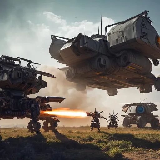 Prompt: beetle mech fighting airmech epic battle in abandoned military compound
