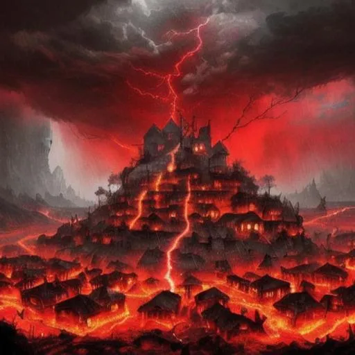 Prompt: Village in depths of hell thunder red rain death and rage