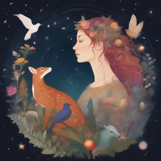 Prompt: A profile beautiful and colourful picture of Persephone surrounded by plants and animals, with constellations in the background