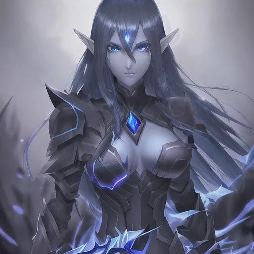 Prompt: dark-blue-hair, glowing-blue-eyes, void-elf, death-knight, 2-handed sword, black-armor