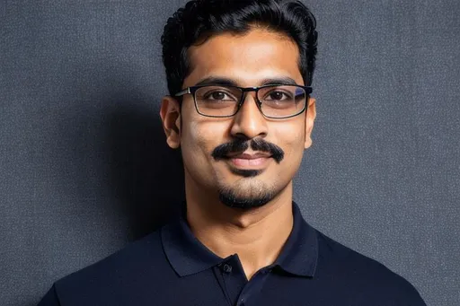 Prompt: portrait, indian male, age 30, short wavy dark brown hair, fair skin, narrow face, light stubble, mustache and goatee, aviator framed glasses, deep and narrow eyes, defined nose, wearing navy blue polo neck t-shirt, high key lighting, cinematic, high resolution, hyperrealistic