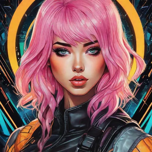 Prompt: a close up of a person with pink hair, cyberpunk art, inspired by Harumi Hironaka, black canary, piercing glowing eyes, Lucy Lui as Leeloo, image comics
