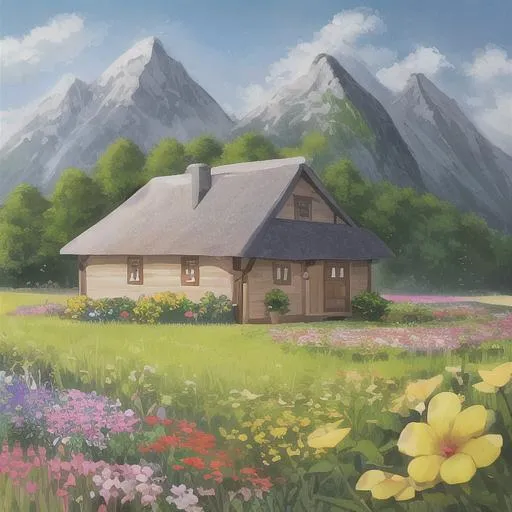 Prompt: A little cottage in a flower field in front of a mountain 