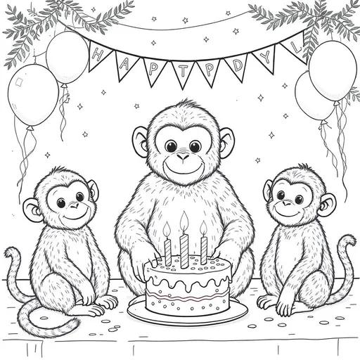 Prompt: a black, white background colorable image of a monkeys that is not already colored in birthday party